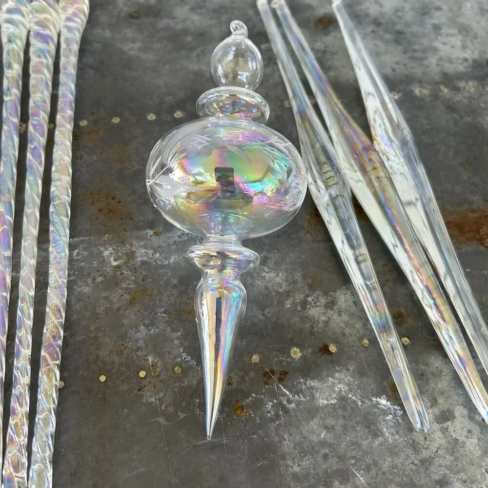 Lot Of 12 Vintage Ornaments Finial Ice Christmas Iridescent Swirl Blown Glass